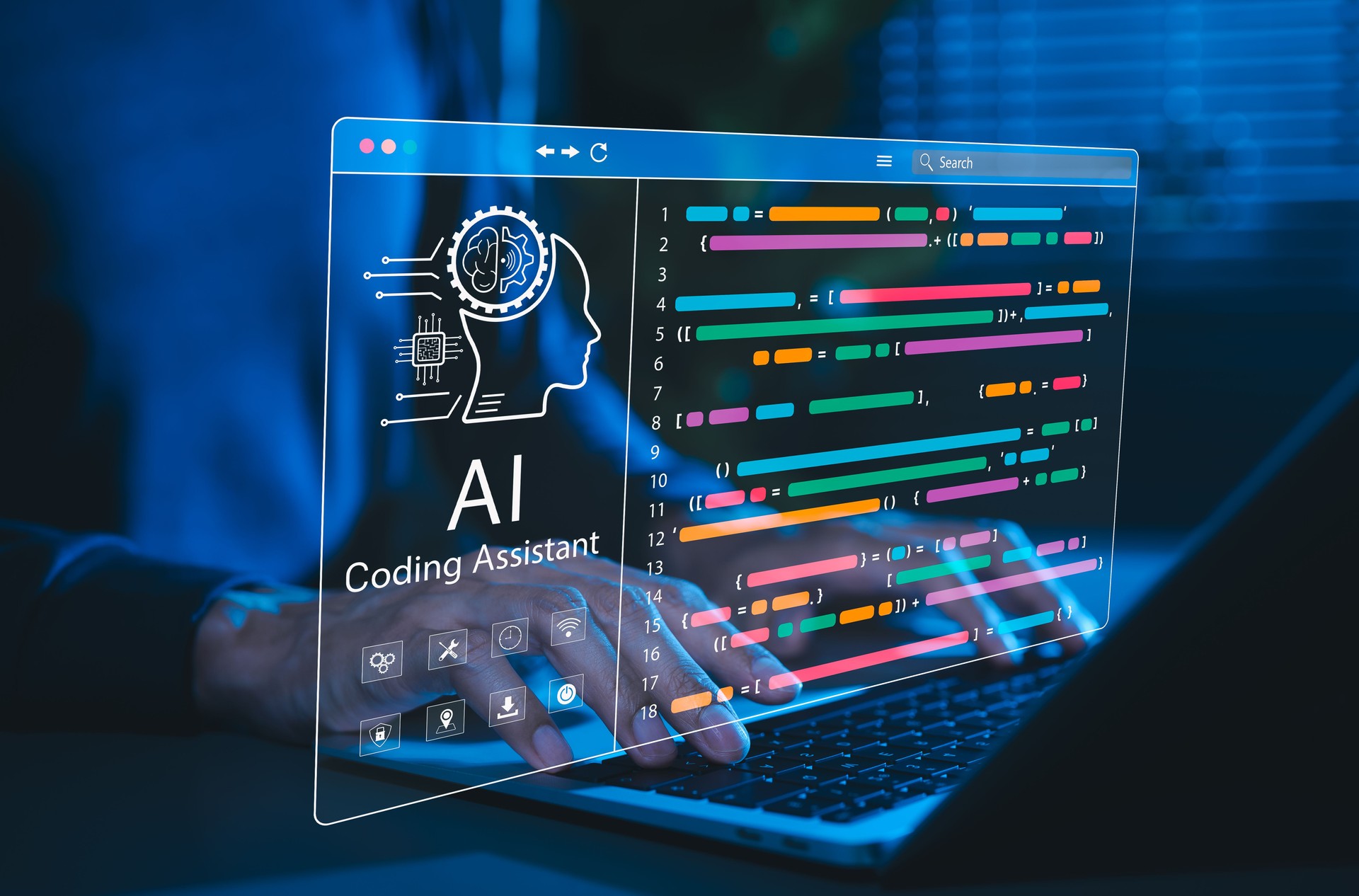 AI coding assistant and programming support. Programmer use laptop with AI coding assistant and colorful program code, representing artificial intelligence in software development and code generation.