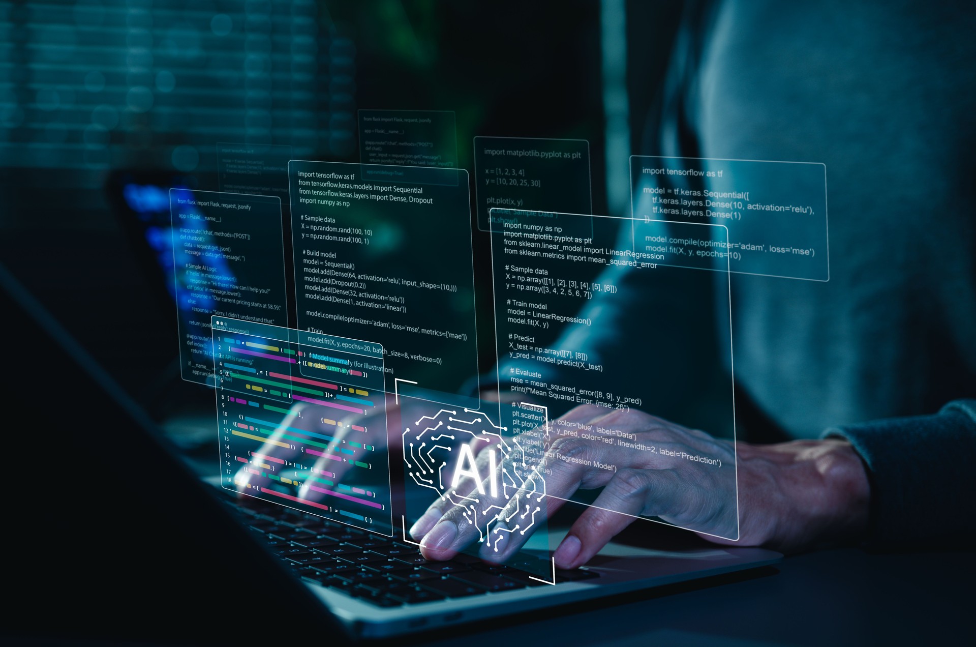AI coding assistant for software development concept. Machine Learning Code, Programmer use laptop with code and AI brain represent artificial intelligence, AI programming, software development tools,